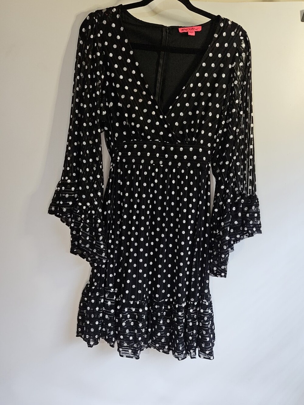 Betsey Johnson Black And White Polka Dot  V-Neck Frill Long Sleeve Dress Size 12